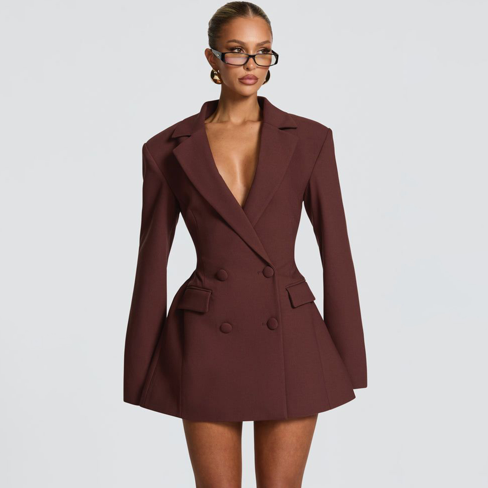 Women Formal Wear Shirts - Elegancka damska brązowa sukienka-żakiet z rozkloszowanym