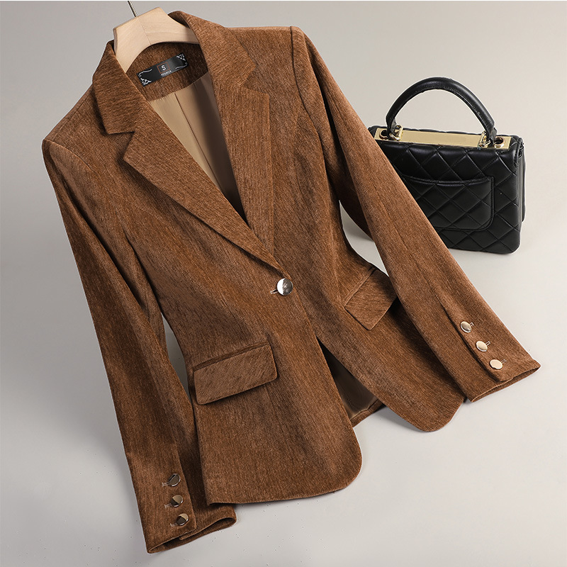 Women'S Office Formal Wear For Ladies - Żółta Złota Aksamitna Marynarka Damska Jesienno-Zimowa