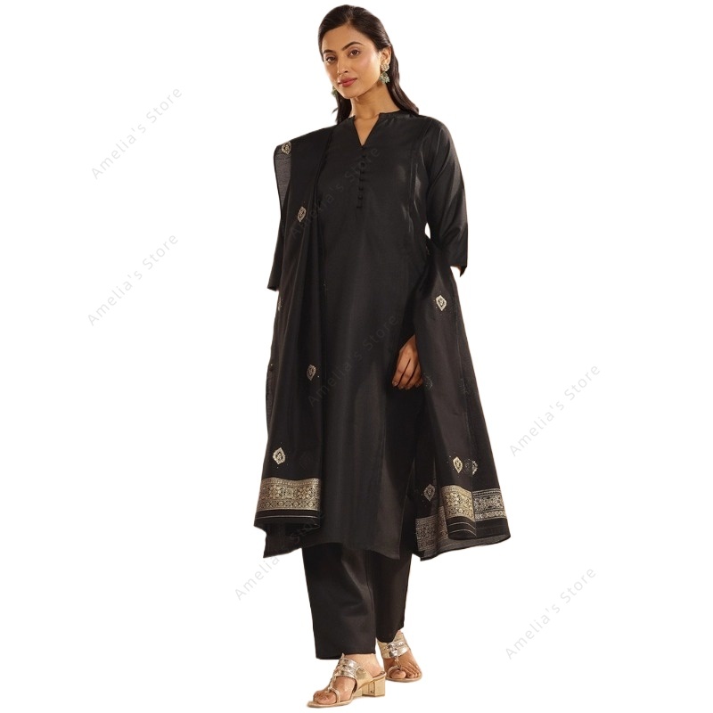 Women Formal Wear Ethnic - Damski czarny żakardowy zestaw 3-częściowy: kurta,