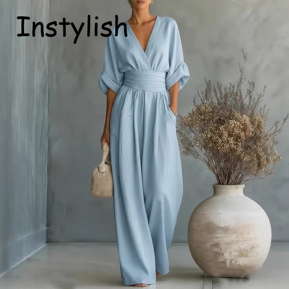 Women'S Formal Wear Jumpsuit - Elegancki damski kombinezon lniany z dekoltem